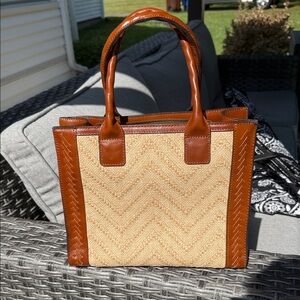 Patricia Nash, curry leather woven straw tote